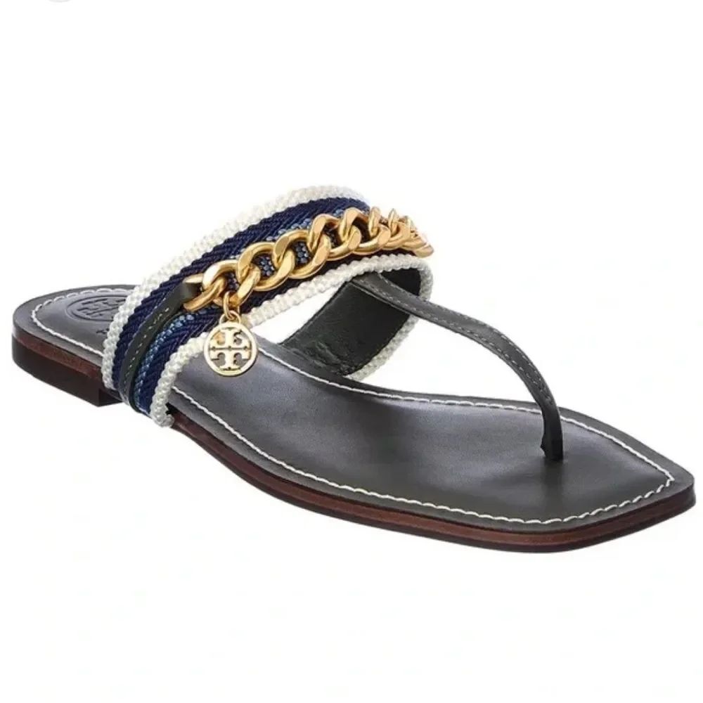 TORY BURCH Mini Benton Chain Band Sandals Poblano/Blue Yonder New in Box